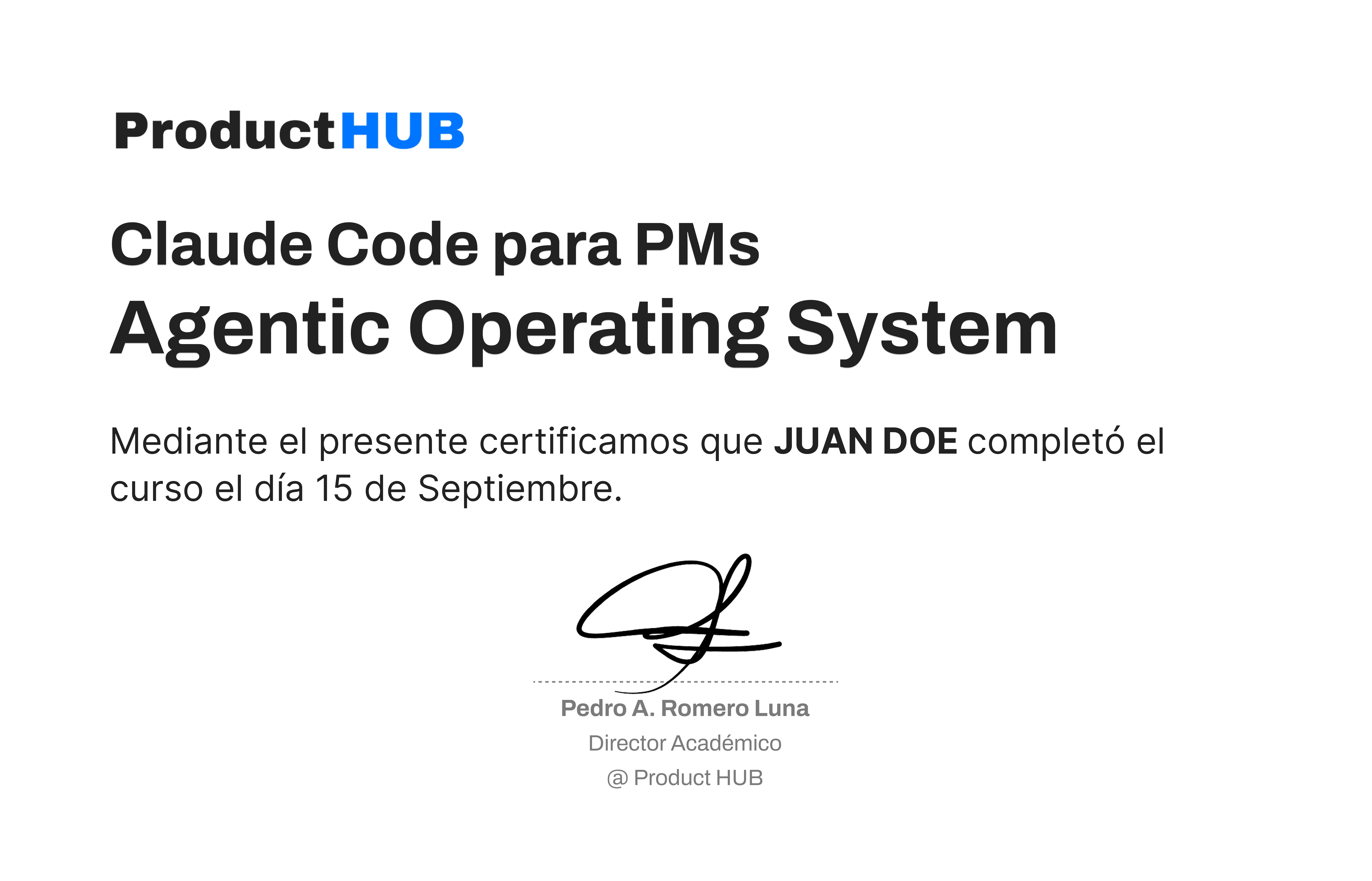 Certificado oficial de Product HUB — Claude Code para PMs · Workshop 02